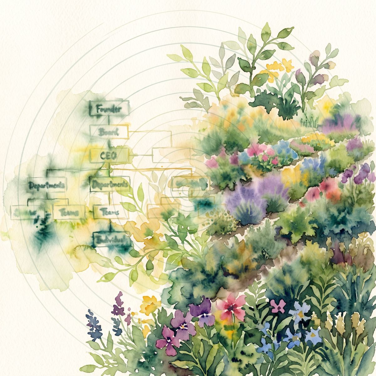 Watercolor of a thriving ecosystem: trees, water and people working together
