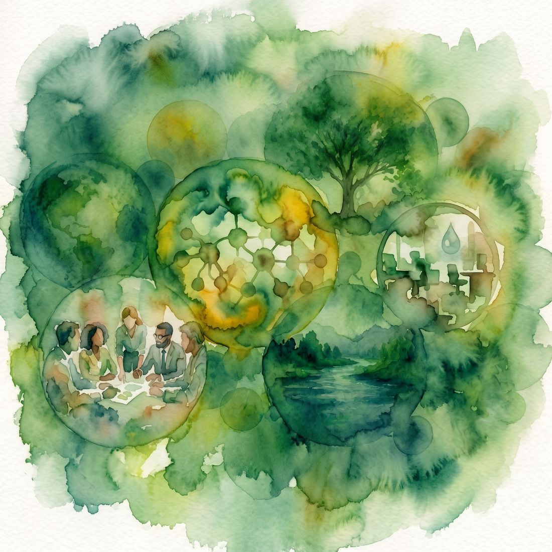 Watercolor of overlapping circles holding a group in conversation, a network of connected points, a tree, a river and a workplace